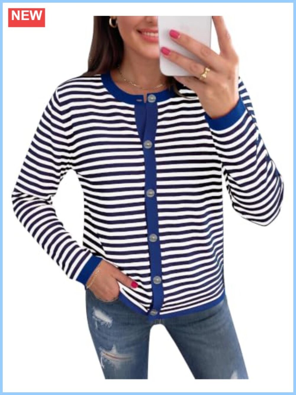 Striped Knit Cardigan Button Down Long Sleeve Sweater Casual Layering Top